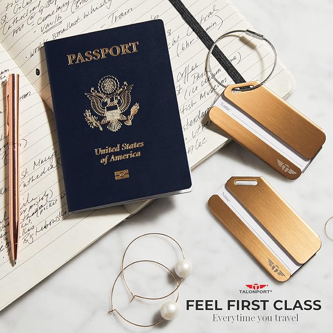 Heavy Duty Metal Luggage Tags for Suitcases| Indestructible Aluminum Travel Tag w/Steel Cable Loop & Smart Lost Bag Recovery, Durable Bag Identifier, Black Silver Gold (Gold, 4 Pack)