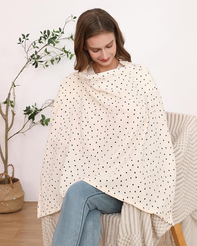 Nursing Cover for Baby Breastfeeding with Rigid Hoop, Breathable Soft 100% Muslin Cotton, Baby Breast Feeding & Pumping Apron (Beige Polka dots)