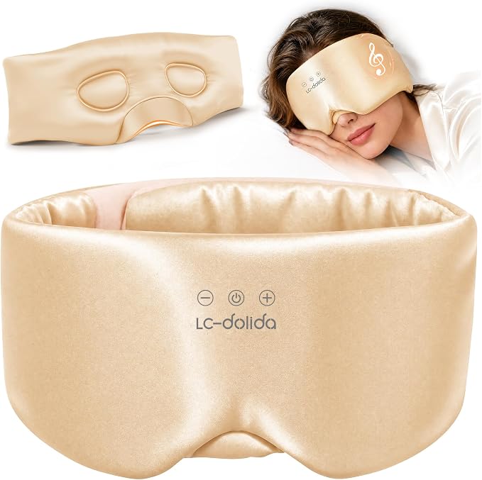 LC-dolida 3D Silk Bluetooth Sleep Mask, Mulberry Silk Sleep Mask with Bluetooth Headphones, Bluetooth Eye Sleep Mask for Side Sleepers, Total Blackout Bluetooth Eye Mask for Women Men, Champagne