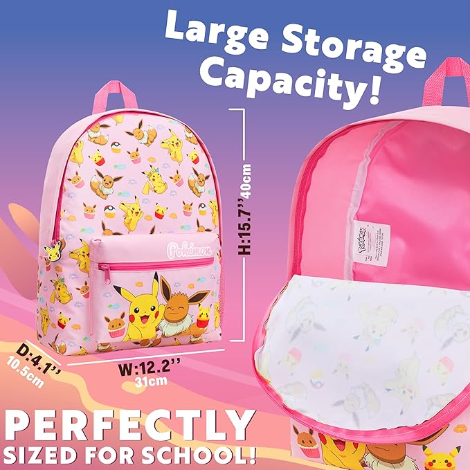 Pokemon Backpack for Kids Teens Boys Girls, Pikachu Anime Backpacks, Bag for Daycare Sports Vacation Travel, School Gift (Pink)