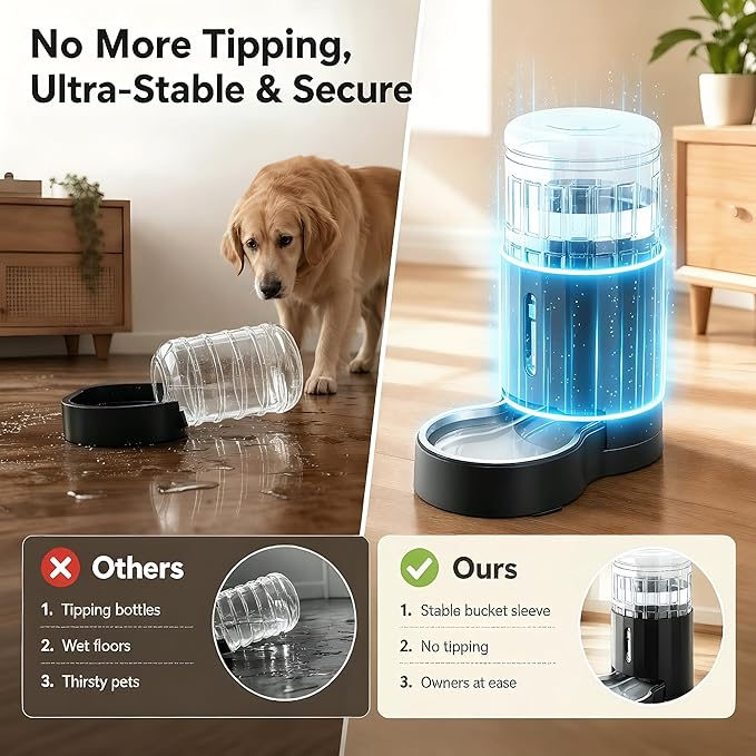 CZPET Dog Water Bowl Dispenser 4L, Wider Mouth & Upgraded Brush for Easy Cleaning Automatic Cat Gravity Refilling Waterer with Removable Stainless Steel Bowl, Large Drinking Area for Multi-Pet (Black)