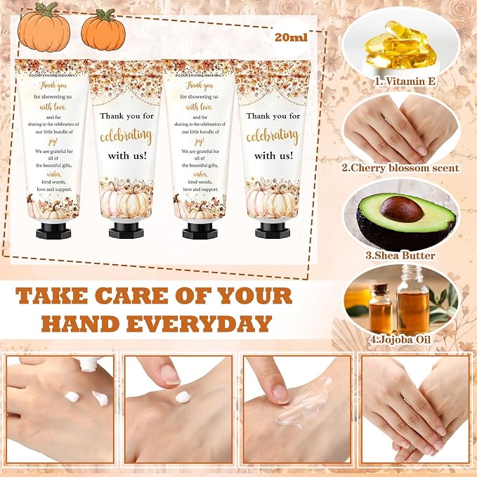 50 Sets 200 Pcs Baby Shower Hand Lotion and Lip Balm Gift Fall Thank You Theme Baby Shower Favors Travel Size Hand Lotion and Lip Balm Bulk with Organza Bags Tags