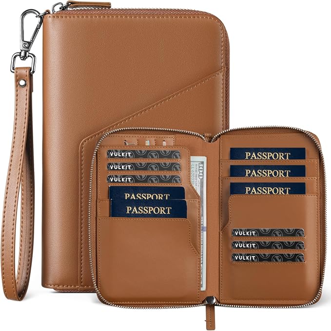 VULKIT Family Passport Holder for 4 Passports - RFID Blocking Travel Wallet Holds Up to 5, Organizer with 4 Slots for Cards & SIM, Secure Zipper Closure, Family Travel Essentials (Brown)