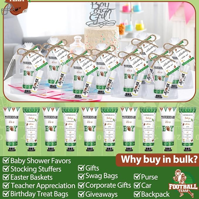 50 Sets 200 Pcs Football Baby Shower Hand Lotion and Lip Balm Gift Theme Baby Shower Party Favors Travel Size Hand Lotion and Lip Balm Bulk with Organza Bags Tags