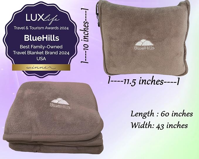 BlueHills Premium Soft Travel Blanket Pillow Airplane Flight Blanket Throw in Soft Bag Pillow case with Luggage Belt & Backpack Clip Compact Pack Large Airport Taupe T023