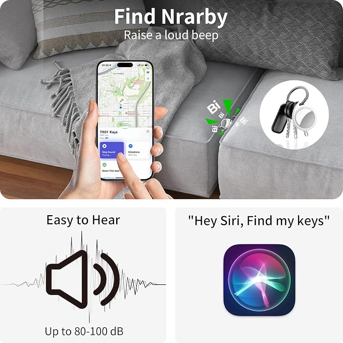 Air Tracker Tags-4 Pack, 5.3 Bluetooth Tracker Work with Apple Find My (iOS Only), 100dB Sound, Smart Tag with Keychain/Lanyard, Item Finder for Luggage/Key/Suitcase, Replaceable Battery, White