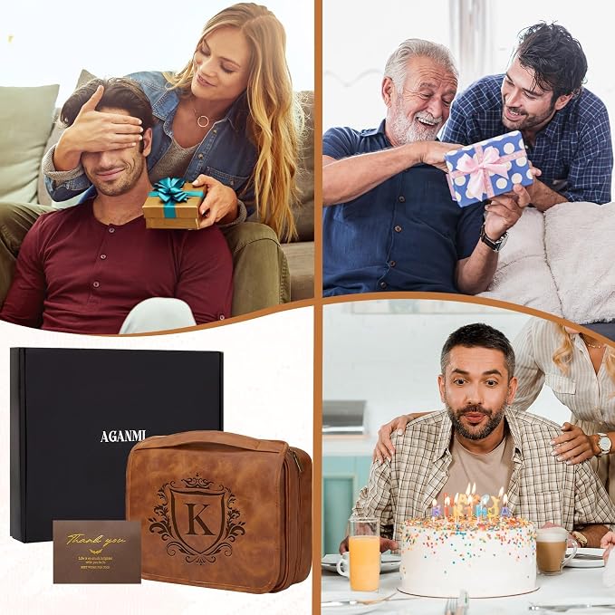 Personalized 3-in-1 Hanging Toiletry Bag Fathers Day Birthday Gifts for Men Dad Husband, Custom Initial Large Waterproof PU Leather Dopp Kit Shaving Bag Travel Essential for Him Light Brown Y