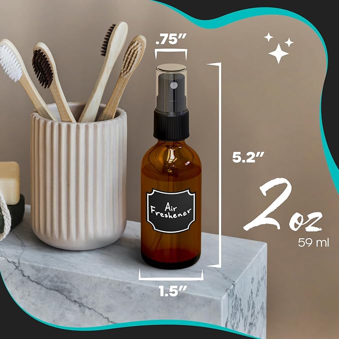 Nevlers 2 Oz Amber Glass Spray Bottles for Essential Oils 24 PK Oil Mister | Amber Glass Bottle Set w/ Shrink Wrap, Funnel, Labels & More | Fine Mist Spray Bottles for Face Mist Bottle & Hair Mister