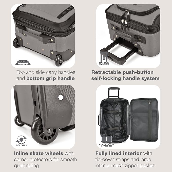 U.S. Traveler Rio Lightweight Softside Rolling Carry-on Suitcase, 2-Wheel Set, Grey