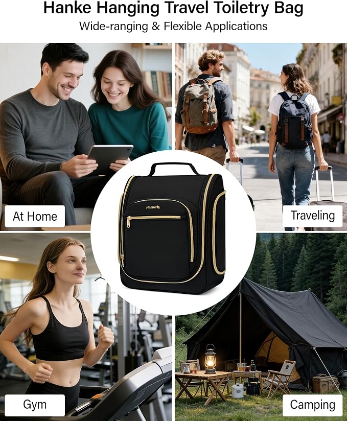 Hanke Hanging Travel Toiletry Bag for Men and Women, Water-Resistant Toiletries Bag Makeup Organizer with Hook, Cosmetic Bag for Bathroom & Travel Essentials Accessories, Black