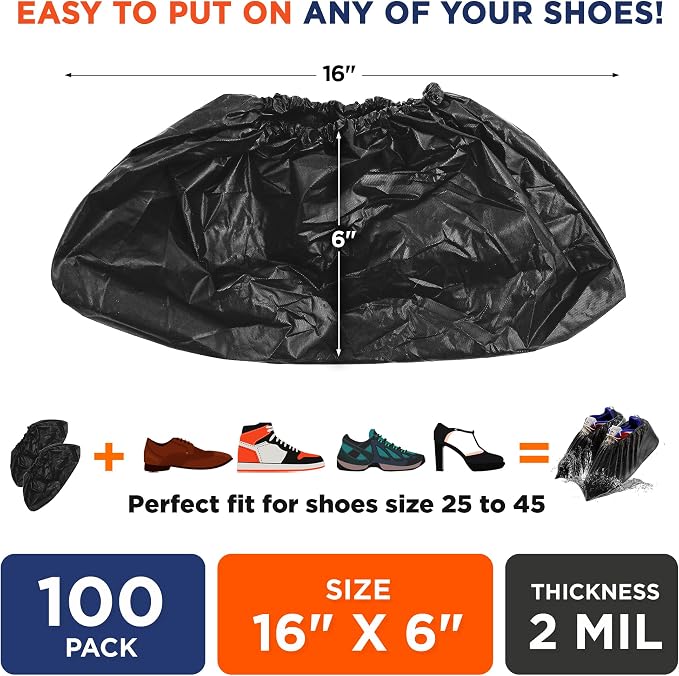 EZGOODZ Black Indoor Shoe Covers Disposable Non Slip, 16 x 6 Inch. 100 Pack Shoe Booties Disposable. 2 Mil CPE Disposable Booties for Shoes Covers. Waterproof Surgical Boot Covers for Outdoor