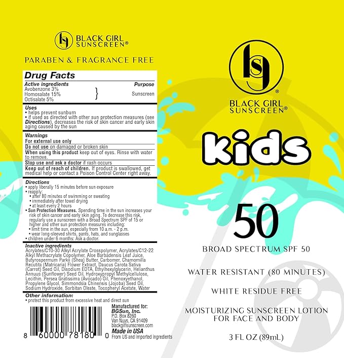 Black Girl Sunscreen Kids SPF 50 Lotion for Face & Body- Sun Protection for Skin, Kids Sunscreen, Water Resistant for 80 Minutes, Ideal for Beach & Travel, No White Cast for Melanin Rich Skin- 6 fl oz