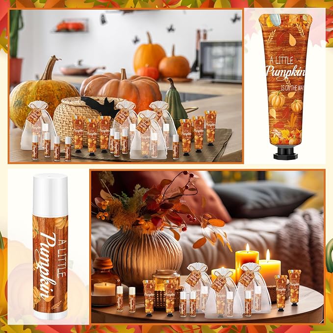 24 Sets Little Pumpkin Baby Shower Hand Cream and Lip Balm Gift a Little Pumpkin Is on the Way Baby Shower Party Favor Travel Size Hand Lotion and Lip Balm Bulk with Organza Bag and Tag for Guests