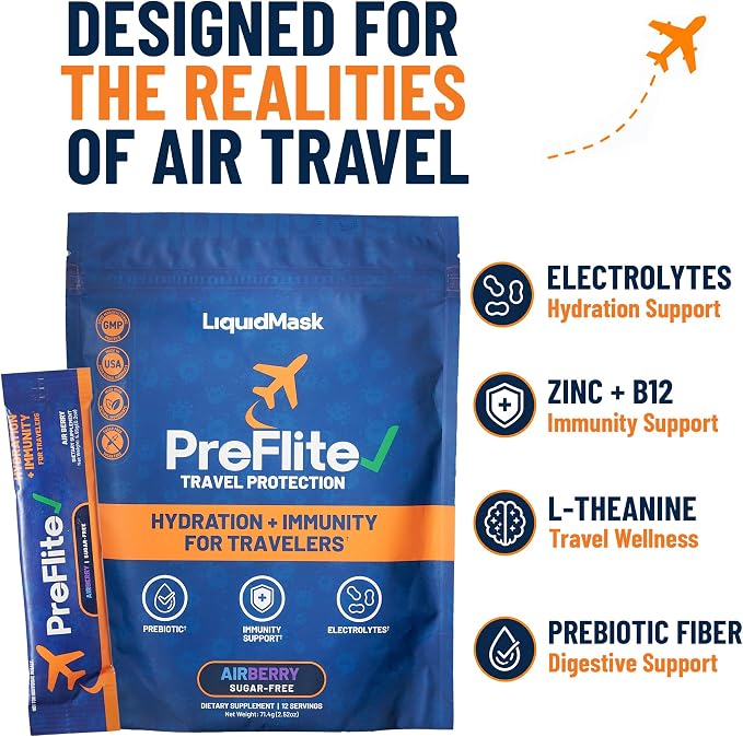 PreFlite Travel Hydration Powder for Flying, Sugar Free Electrolyte Drink Mix with Zinc, Vitamin B12, L-Theanine & Prebiotic Fiber, AirBerry Flavor, 12 Stick Packs