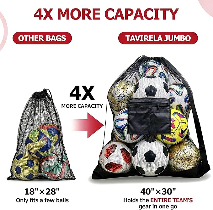 Extra Large Mesh Ball Bag with Pocket, Holds 13 Soccer Balls, 10 Basketballs, Heavy Duty Drawstring Net Bag, Team Coaches Sports Equipment Storage Duffle Sack for Volleyball, Swimming Gear