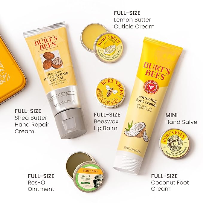 Burt's Bees Mothers Day Gifts Ideas - Classics Set, 6 Products in Giftable Tin – Cuticle Cream, Hand Salve, Lip Balm, Res-Q Ointment, Hand Repair and Foot Cream