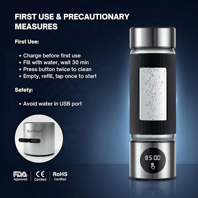 Hydrogen Water Bottle | 16.2 oz (480 ml) Hydrogen Water Generator | 6000 PPB Hydrogenator Machine | SPE/PEM Ionizer Generator (Silver)