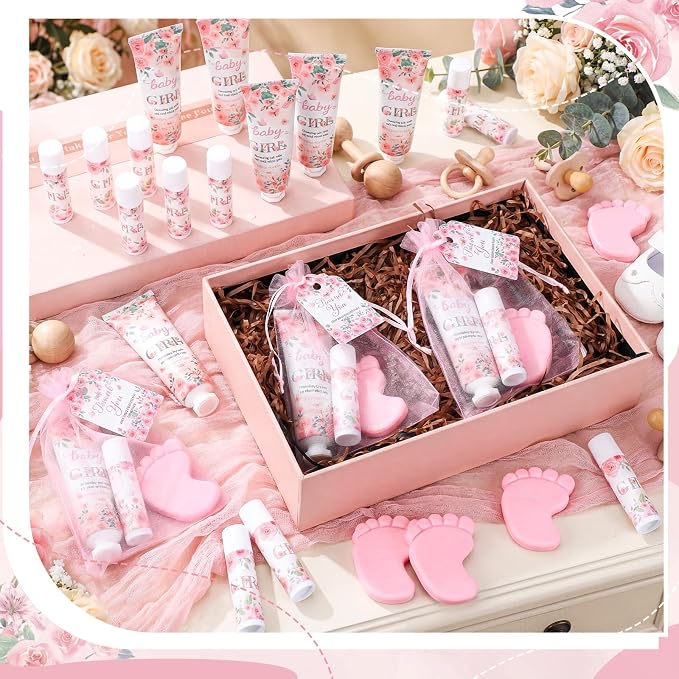 Loopeer 30 Set/150 Pcs Pink Flowers Baby Shower Favors for Guests Gifts Hand Cream Lip Balm Soap Party Favors Travel Size with Bags, Thanks You Card for Games Prizes Souvenirs
