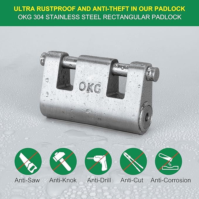 OKG Ultra Secure Stainless Steel Lock - Heavy Duty Solid Cast Padlock - 3 Keys, 2 Rods, 7/16" Shackle, Push Cylinder, Rust Proof Outdoor Lock - Combo Security Chain for 2-Wheeled Vehicle (No Chain)