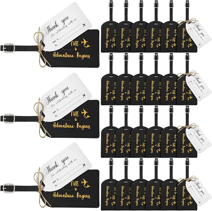 Sweetude 48 Sets Bulk Luggage Tags Wedding Favors and So The Adventure Begins Leather Luggage Tags for Suitcases with Name Card for Travel Themed Bridal Shower Graduation Party Favor(Black)