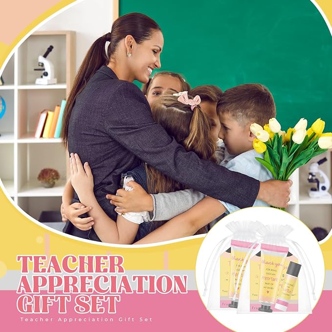12 Set Teacher Appreciation Gifts for Women Include Hand Cream Lip Balm Bulk Organza Bags Cards Thank You Teacher Gifts for Graduation Back to School First of School End of Year Party Favors