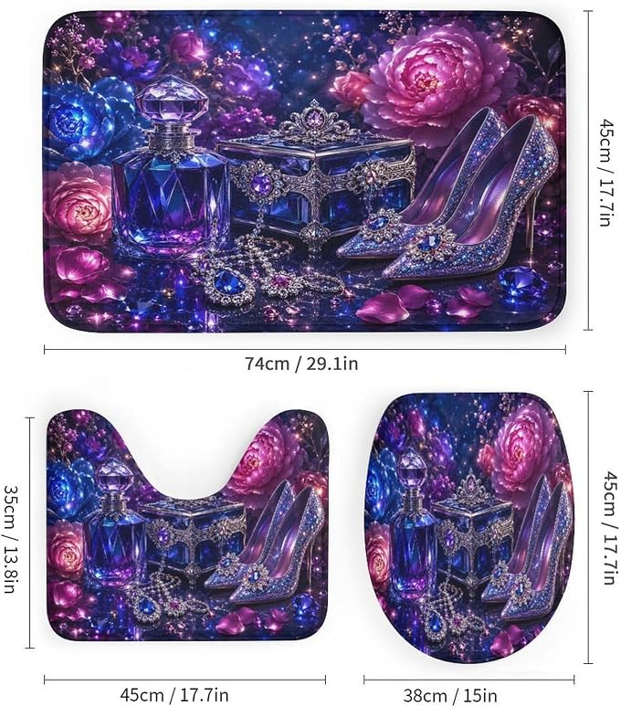 Magical Crystal Shoes And Jewelry Set Bathroom Rug Set 4 Piece with Shower Curtain Non Slip Bath Mat Set Microfiber Bathroom Decor Toilet Lid Cover U Shape Rug Waterproof Bathroom Accessories