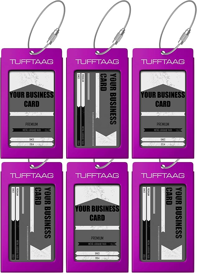 Luggage Tags Business Card Holder by TUFFTAAG - Durable Travel ID Bag Tag, Purple, 6 Tags