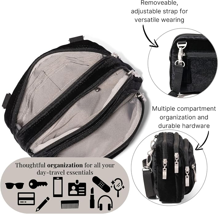 Baggallini Triple Zip Small Crossbody Bag for Women - Lightweight Convertible Fanny Pack Belt Bag