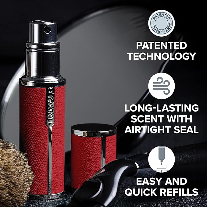 Travalo Milano Perfume Atomizer - Leak-Proof and TSA Approved for Air Travel - Reusable, Airtight, Easy Fill Mini Pump Sprayer - Lightweight, Vegan Leather with Polished Metal Outer Shell - Red