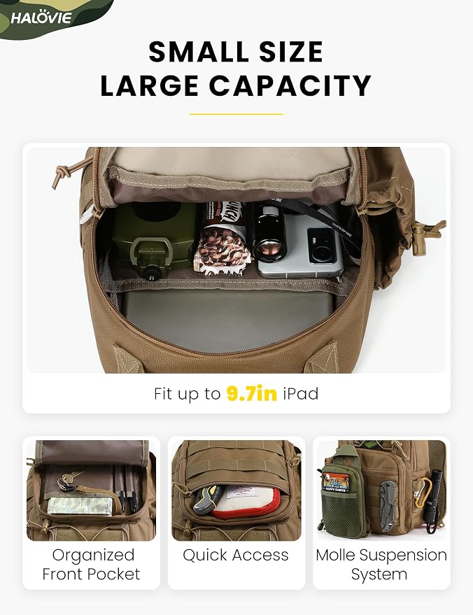 HALOVIE Anti-theft Tactical Sling Bag RFID Khaki Military Shoulder Bag with Phone Pack EDC Molle Crossbody Bag for men