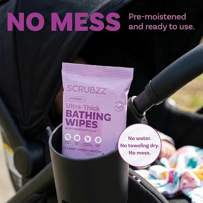 Extra Large Bath Wipes for Adults Bathing No Rinse - 40 Ultra Thick Disposable Body Cleansing Wipes for Men, Women & Elderly - Great for Gym, Camping, Post Surgery - Lavender