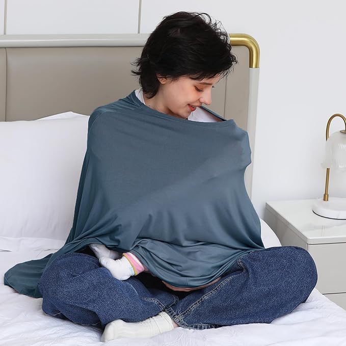 Seejoy Nursing Cover for Breastfeeding, 360°Full Coverage Nursing Poncho, Rayon Soft & Breathable Breastfeeding Cover up (Smooth Rayon, Blue)