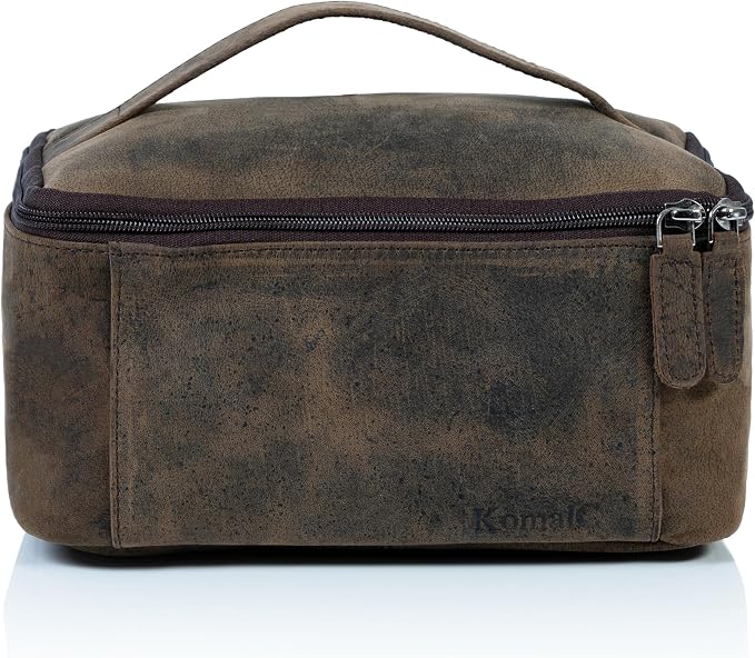 KomalC Leather Toiletry Bag For Men & Women, Handcrafted Travel Kit, Water-Resistant Shaving Bag For Men Travel, Premium Rustic Toiletry Pouch with Zipper Closure (1 Zip Hunter)