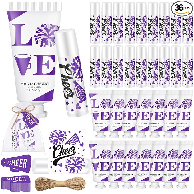 144 Pcs Cheerleading Lip Balms Hand Cream Sets Purple Cheerleading Party Supplies Including 36 Lip Balm and Moisturizing Hand Cream 36 Organza Bags Cards and Ropes for Team Thank You Gifts