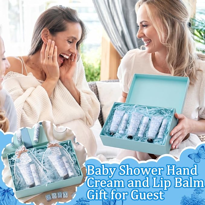 Qunclay 30 Sets Toile De Jouy Baby Shower Hand Cream and Lip Balm Gift Set Blue Chinoiserie Safari Animals Travel Size Hand Lotion Lip Balm Gifts Baby Bridal Shower Party Supplies for Guests