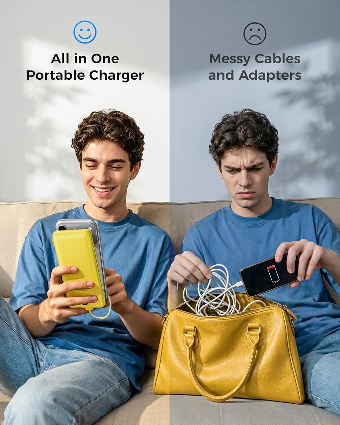 VEGER Portable Charger Power Bank with Built-in AC Plug and Cables, All in One 10000mAh Ultra Slim Travel Essentials, Fast Charging Battery Pack Compatible with iPhone, Samsung, Android, Yellow