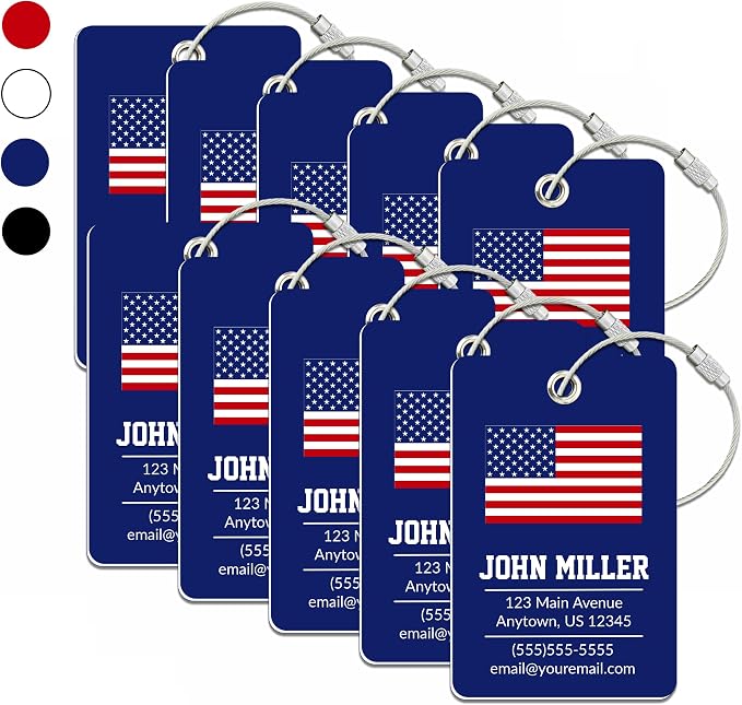 Personalized Luggage Tag with American Flag | 10 Pack | Custom Luggage Tags for Suitcases | Kids Backpack Tag | 4 Color Options & Choose Font, Font Color