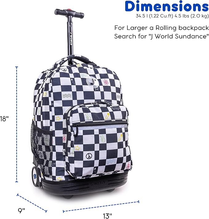 J World Sunrise Kids Rolling Backpack for Boys Girls. Roller Bookbag With Wheels For School, Icon Checkers