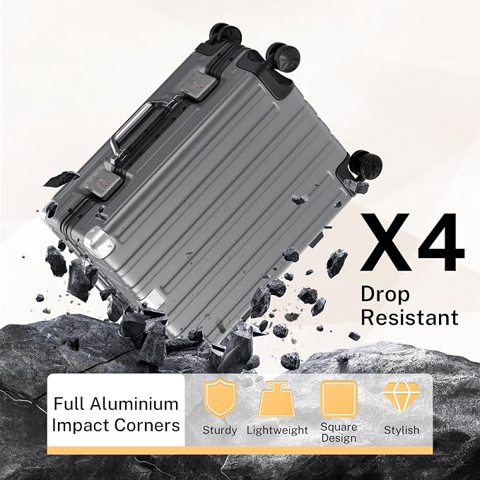 Krute Zipperless Luggage 24 Inch Aluminum Frame Suitcase with Spinner Wheels PC+ABS Hardide Checked Luggage TSA Approved No Zipper Travel Suitcase Gray