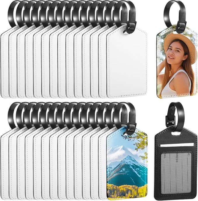 30 PCS Sublimation Luggage Tags for Suitcases, Blank Leather Suitcase Tags with Card Inserts, Heat Transfer Travel Bag Tags with Snap, Leather Sublimation Blank DIY Suitcase Name Tag