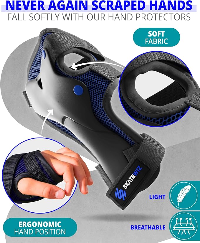 SKATEWIZ Skateboard Pads Protective Gear Set for Kids and Adults - Smash - Roller Skate Pads [6pc] with Wrist Guards - Skating Protective Gear - Roller Derby