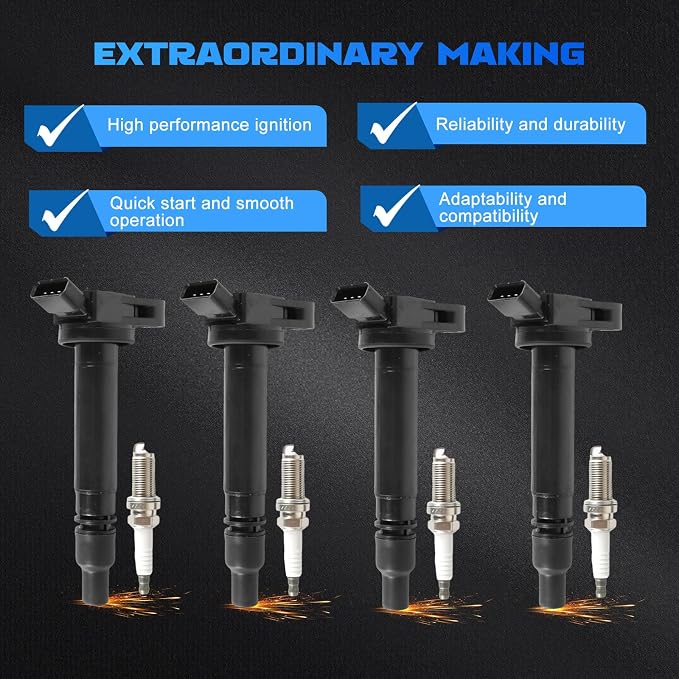 4PCS UF507 Ignition Coils + 4PCS 5018 Iridium Spark Plugs Ignition Coils Pack Fits for 2010-2017 Camry, 2011-2013 Sienna, 2009-2015 Venza 2.5L 2.7L 4.6L 5.7L, Coil Pack Set Aftermarket Parts