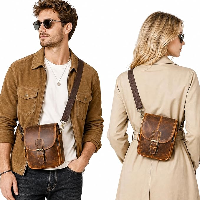 Water Resistant Canvas + Leather Hiking Riding Travel Fanny Waist Pack Small Phone Pouch For Men Women FB811-29 (100% Leather- Coffee)
