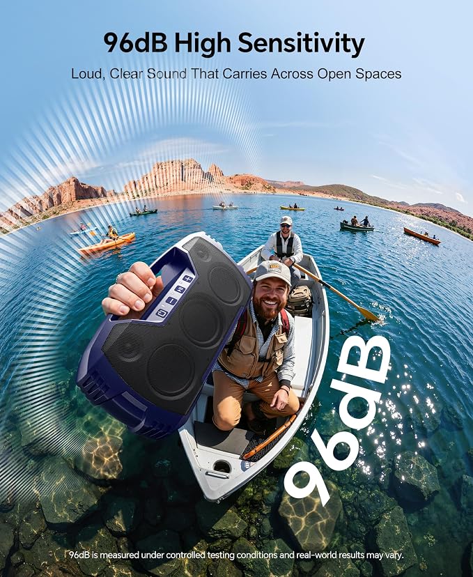 IPX7 Waterproof Outdoor Bluetooth Speaker, Wireless, 90W(Peak), 32H Playtime, Floating Design, Deep Bass & Loud Stereo Sound, Portable with Handle, Rugged for Pool, Beach, Kayaking, Hiking, Navy Blue