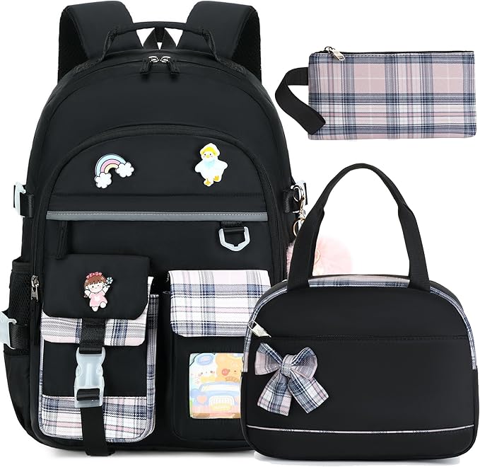 Backpack for Girls 15.6 Inch Laptop School Bag Kids Elementary College 3pcs Backpacks Lunch box Pencil Case Set Bookbags for Girls Teen Women Student Black