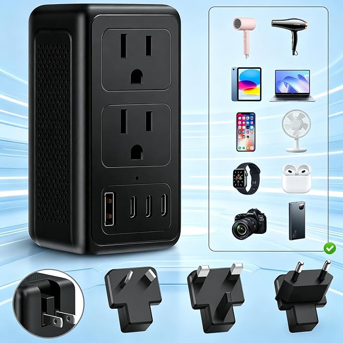 2000W Voltage Converter US to Europe for Hair Dryer, Converter for European Travel, 220V to 110V Power Converter Adapter Combo International Universal Travel Adapter with Type C G A I (Black)