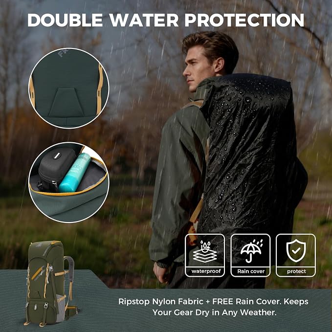 Bseash 65L Waterproof Hiking Camping Backpack with Rain Cover, Outdoor Sport Travel Daypack for Climbing Touring (Army Green)