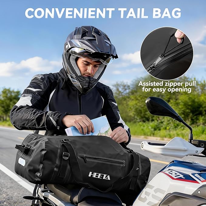 HEETA Waterproof Motorcycle Dry Bag, Waterproof Duffel Luggage Travel Bags with Zippered Closure & Pocket, Shoulder Straps, Large Space for Motorcycling Camping Commuting Boating (Black, 30L)