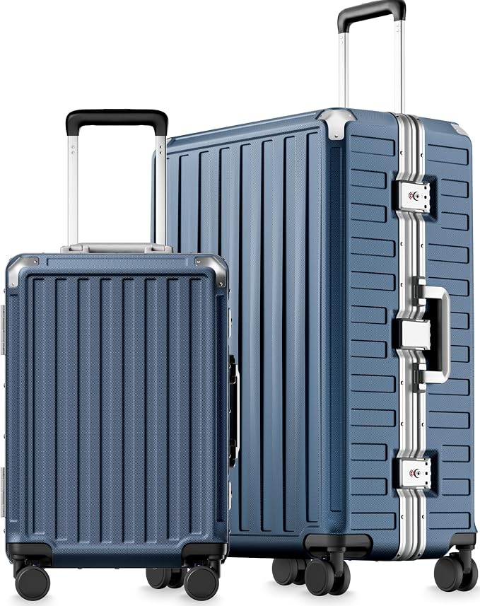 Luggage Sets with Spinner Wheels, 8010S Aluminum Frame Zipperless Polycarbonate Hard Shell Suitcase Sets (ZX-Core, Blue, 2 Piece (20/28))
