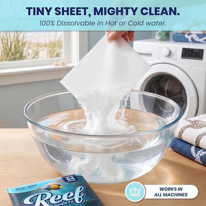 Reef Sheets Laundry Detergent Sheets, 192 loads, Hypoallergenic & Plastic-Free Eco-Friendly Packaging, Gentle on Skin, Tough on Stains, Travel-Friendly, Coastal Calm Linen Scent, 32ct (3 Pack)